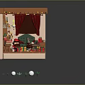 Christmas Living Room Interior With Green Sofa Red Curtains String Lights And Tree