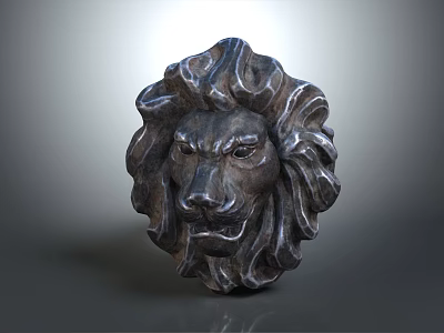 Detailed Dark Lion Head Sculpture With Curly Mane And Gray Gradient Background 3d model