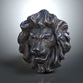 Detailed Dark Lion Head Sculpture With Curly Mane And Gray Gradient Background