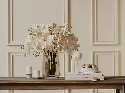 Tabletop Decorative Ornament Set With Transparent Vase White Orchids Small Candles Books And Sculpture 3d model