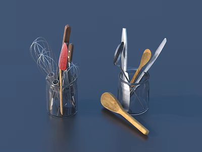 Kitchen Utensils Including Whisk Spatula And Wooden Spoon In Transparent Glass Jars 3d model