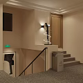 Hotel Corridor Interior With Beige Walls Gray Carpet Decorative Paintings Wall Sconces And Room Numbers