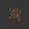 Round Wooden Dining Table With Surrounding Wooden Stools Tableware Fruits Candleholder And Clay Vase