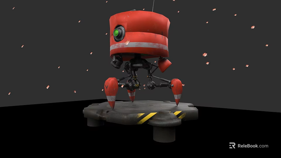 Red Robot With Green Eye Mechanical Legs On Yellow Striped Platform Surrounded By Floating Particles 3d model 