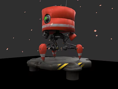 Red Robot With Green Eye Mechanical Legs On Yellow Striped Platform Surrounded By Floating Particles 3d model