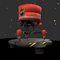 Red Robot With Green Eye Mechanical Legs On Yellow Striped Platform Surrounded By Floating Particles