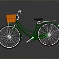 Green Bicycle with Orange Wicker Basket Black Comfortable Seat Silver Spoke Wheels Classic Retro Style