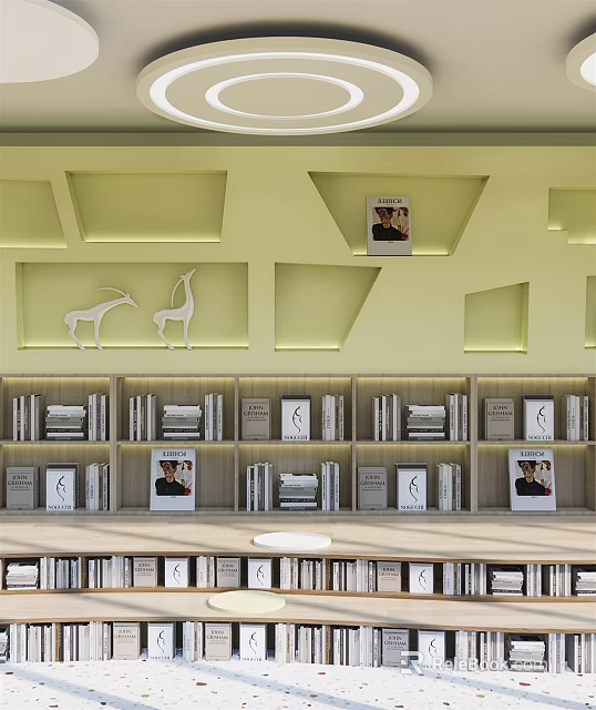 Elegant Book Art Design With Bookshelves Illuminated Geometric Wall Niches And Giraffe Silhouettes 3d model 