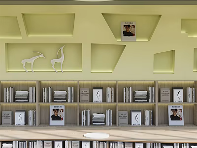 Elegant Book Art Design With Bookshelves Illuminated Geometric Wall Niches And Giraffe Silhouettes 3d model