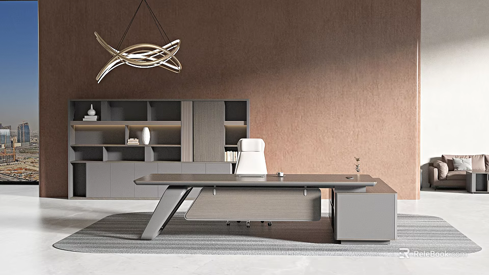 Modern Office Interior With Sleek Desk White Chair Brown Wall And Geometric Pendant Light 3d model 