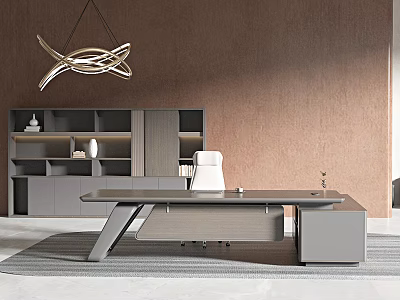 Modern Office Interior With Sleek Desk White Chair Brown Wall And Geometric Pendant Light 3d model