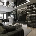 Modern Open Concept Living Dining Room With Wooden Walls Marble Coffee Table Black Sofa and Large Painting