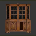 Antique Wooden Cabinet With Carved Details Glass Doors Open Drawer And Decorative Accents