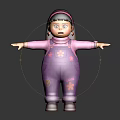 Cartoon Character Girl In Purple Overalls Pink Top With Pink Flowers And Outstretched Arms