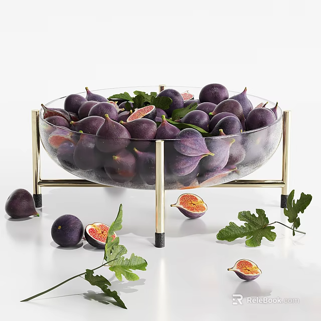 Fresh Purple Figs in Glass Bowl with Golden Stand and Sliced Fruits with Green Leaves 3d model 