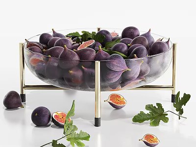 Fresh Purple Figs in Glass Bowl with Golden Stand and Sliced Fruits with Green Leaves 3d model