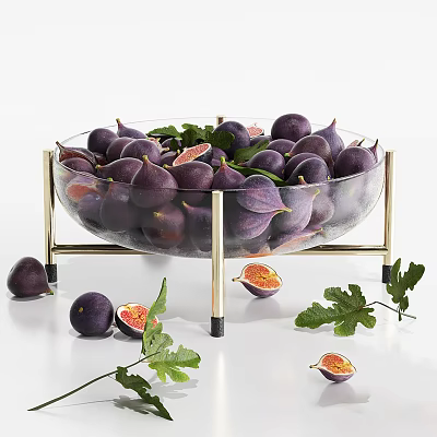 Fresh Purple Figs in Glass Bowl with Golden Stand and Sliced Fruits with Green Leaves 3d model