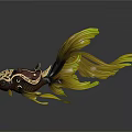 Decorative Goldfish With Black And Gold Patterns And Yellow Fins On Dark Background