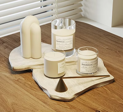 Modern White Tea Set With Various Shapes On Wooden Tray And Metal Accessories 3d model