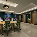 Modern Internet Cafe Interior With Computers Green Chairs Wooden Tables And Wall Posters
