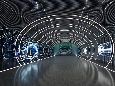 Futuristic Tunnel Interior With Curved Neon Lines Sleek Floor And Tech Reflections 3d model