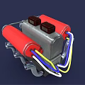 Red Silver Black 3D Modeled Mechanical Engine With Cylindrical Parts And Metal Pipes
