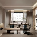 Modern Open Office Interior With Wooden Desk Glass Bookshelf Green Plant And White Chair