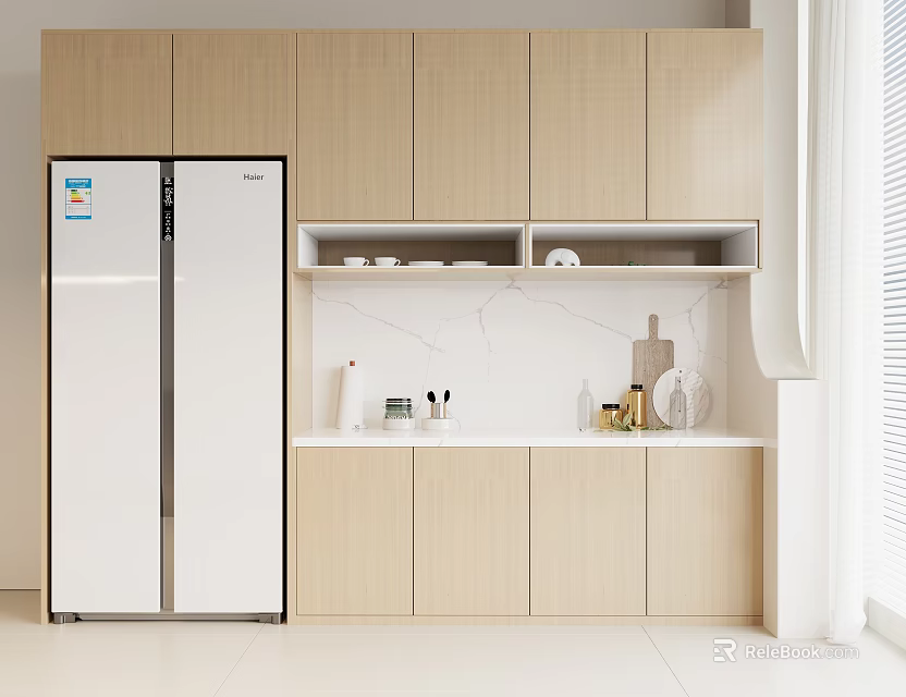 Modern Light Wood Kitchen Sideboard Cabinet with Refrigerator and Kitchen Items on Countertop 3d model 