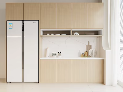 Modern Light Wood Kitchen Sideboard Cabinet with Refrigerator and Kitchen Items on Countertop 3d model