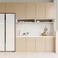 Modern Light Wood Kitchen Sideboard Cabinet with Refrigerator and Kitchen Items on Countertop