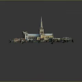 Church Building Model With Tall Spire Yellow White Exterior Green Decor Elements Reflection Base