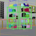 White and Gray Kitchen Shelving Units With Containers Microwave Coffee Maker Dishes and Storage Boxes