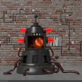 Steampunk Art Installation With Black Body Red Lights Glowing Core And Brick Wall Background