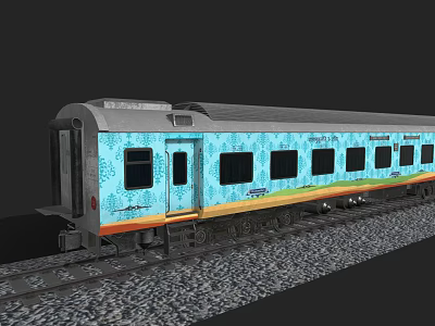 Blue Passenger Train Carriage With Decorative Patterns And Windows On Railway Track 3d model