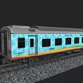 Blue Passenger Train Carriage With Decorative Patterns And Windows On Railway Track 3d model