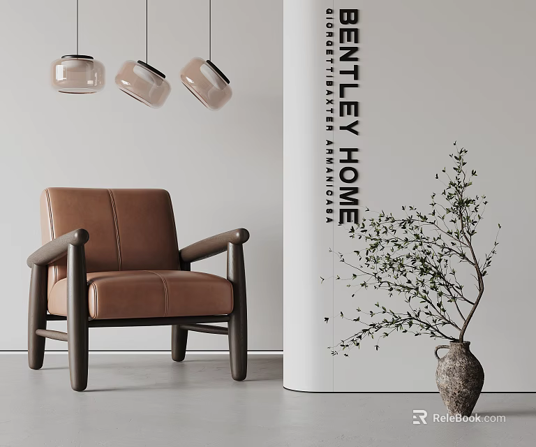 Bentley Home Brown Leather Leisure Chair With Hanging Pendant Lights And Potted Greenery 3d model 