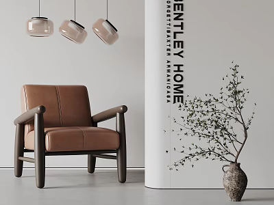 Bentley Home Brown Leather Leisure Chair With Hanging Pendant Lights And Potted Greenery 3d model