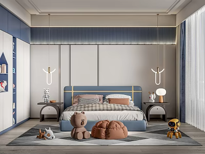 Blue Kids Room Interior With Bed Bedside Tables Stuffed Toys And Soft Rug 3d model
