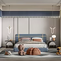 Blue Kids Room Interior With Bed Bedside Tables Stuffed Toys And Soft Rug