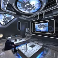 Futuristic KTV Room Interior With Sofas Tables And Sci Fi Screens