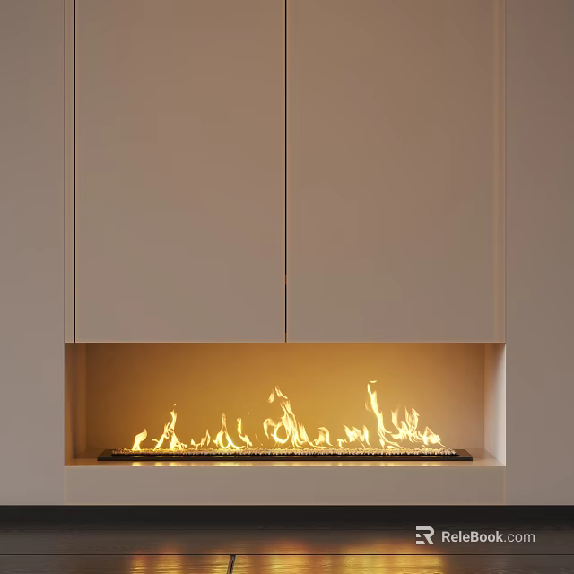 Modern Built in Fireplace With Flames In Light Colored Cabinetry Interior Design 3d model