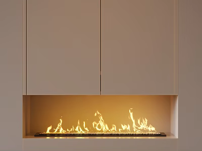 Modern Built in Fireplace With Flames In Light Colored Cabinetry Interior Design 3d model