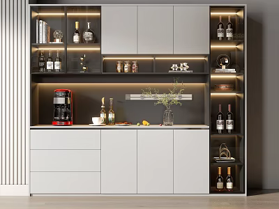Modern Grey Wine Cabinet With Open Shelves Wine Bottles Coffee Machine And Decorative Items 3d model