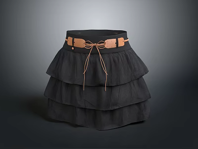Stylish Women's Black Layered Skirt With Brown Belt And Bow Detail 3d model