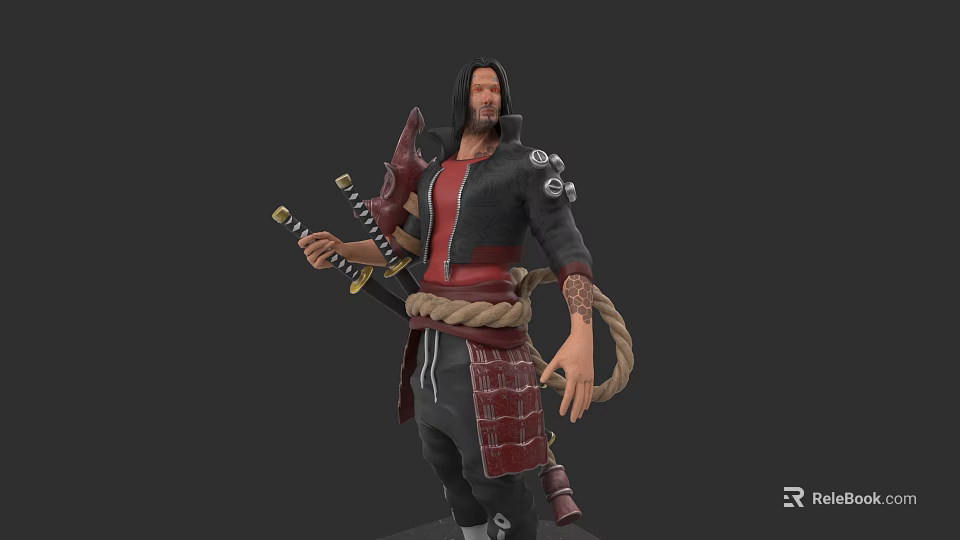 Game Movie Character With Long Hair Black Red Outfit Katana Rope On Arm And Tattoos 3d model 