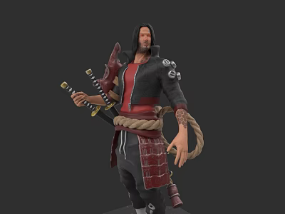 Game Movie Character With Long Hair Black Red Outfit Katana Rope On Arm And Tattoos 3d model
