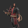 Game Movie Character With Long Hair Black Red Outfit Katana Rope On Arm And Tattoos