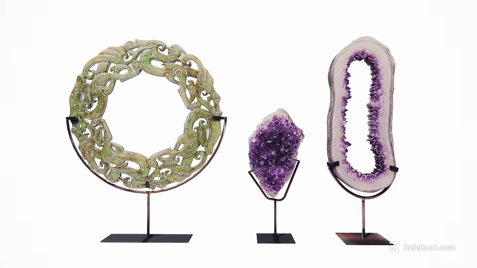 Elegant Decorative Ornaments With Green Carved Ring Amethyst Cluster And Geode On Metal Stands 3d model 