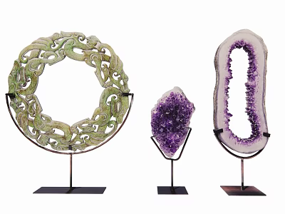 Elegant Decorative Ornaments With Green Carved Ring Amethyst Cluster And Geode On Metal Stands 3d model