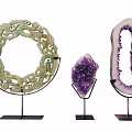 Elegant Decorative Ornaments With Green Carved Ring Amethyst Cluster And Geode On Metal Stands
